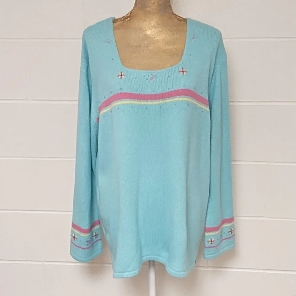 Pastel Embroidered Beaded Striped Bell Sleeve Sweater Tunic 3X 22W/24W
